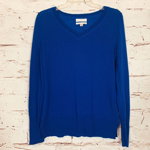 Kenar Royal Blue 100% Extrafine Merino Wool V-Neck Sweater Women’s Medium Chic - Picture 1 of 5